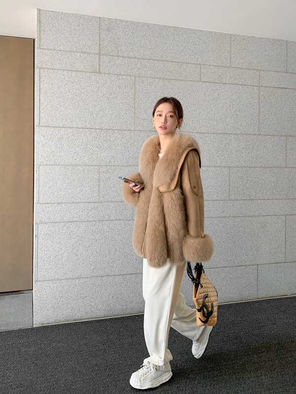 Женское замшевое пальто средней длины, осенне-зимнее пальто из цельного лисьего меха