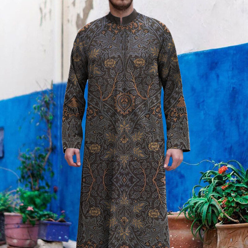Middle East Men Jubba Thobe Muslim Ramadan Robe Fashion Print Stand Collar Kaftans Saudi Arabia Islamic Men Robe Musulman