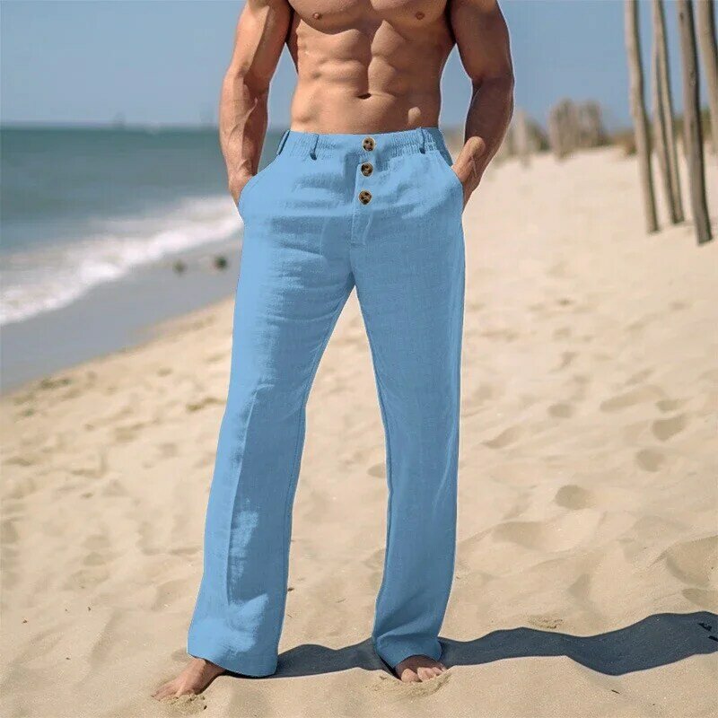 Celana panjang lurus berkancing Vintage pria, celana pantai Linen katun tipis bersirkulasi udara, celana kasual warna Solid musim panas musim semi 2024