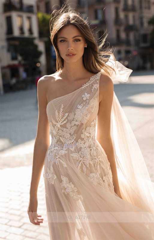 Vestido de novia de tul de encaje con apliques florales de ilusión, un hombro, línea A, vestidos de novia sin espalda para novia