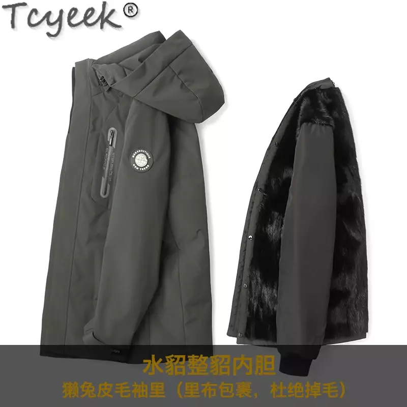 Tcyeek-Manteau en fourrure de vison naturel pour homme, veste d'hiver, 90% duvet d'oie blanche, parka mi-longue, manteau chaud, résistant au froid, mode