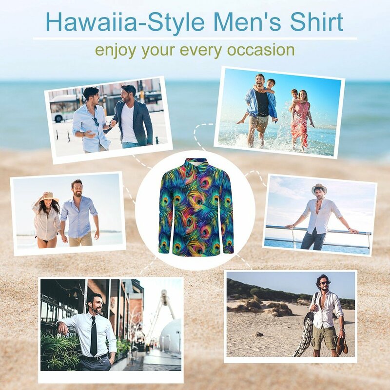 Chemise à manches longues à imprimé animal pour hommes, chemises décontractées amusantes, arc-en-ciel, plume de paon, vintage, Y2K, design d'automne, taille Y-Plus