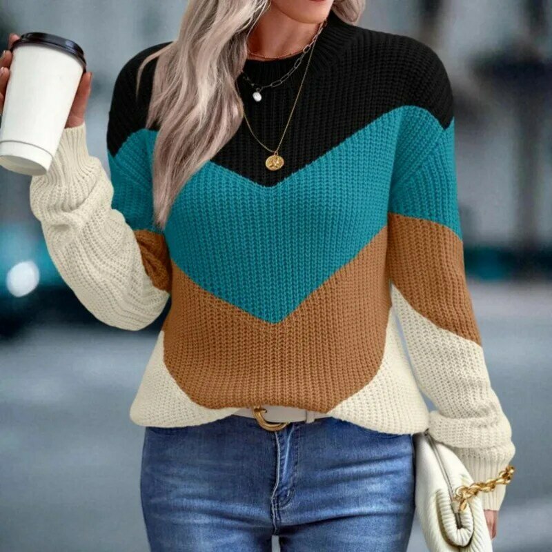 Suéter informal con contraste de colores para mujer, camisa holgada a rayas con cuello tipo Polo, primavera y otoño, 2023