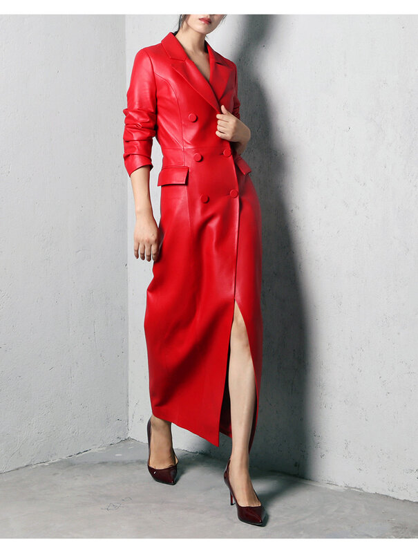 2024 Frühling Herbst extra lange rote weiche Kunstleder Trenchcoat für Frauen Zweireiher Luxus elegante britische Mode