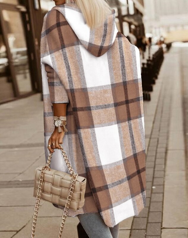 2023 Autumn Winter Spring New Fashion Casual Plaid Print Longline Hooded Coat Top Fall Outfits Women Female Clothing Outfits