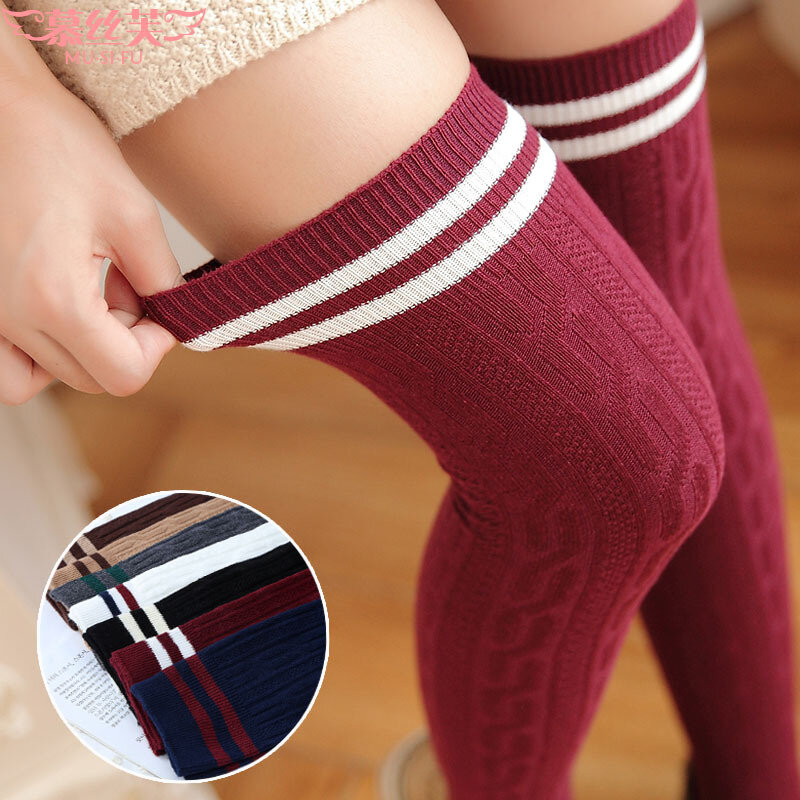 Outono e inverno espessamento japonês joelho-meias altas meados da coxa algodão rendas meias longas meias femininas meias de coxa meias altas