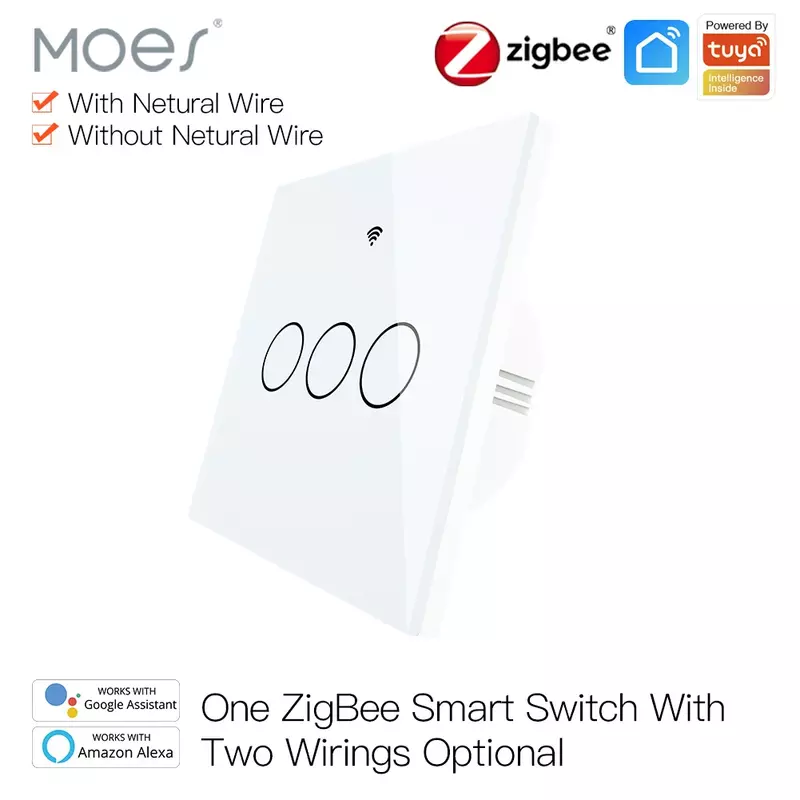 ZigBee-Parede Toque Interruptor de Luz Inteligente, UE, Sem Capacitor Neutro, Funciona com Tuya, Funciona com Alexa,Google Home, Neutro