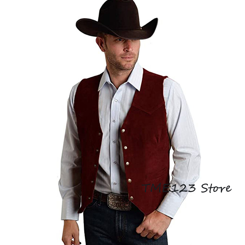 Chaleco de mezclilla occidental informal para hombre, ropa clásica de gamuza ajustada, 5 botones, entrega rápida