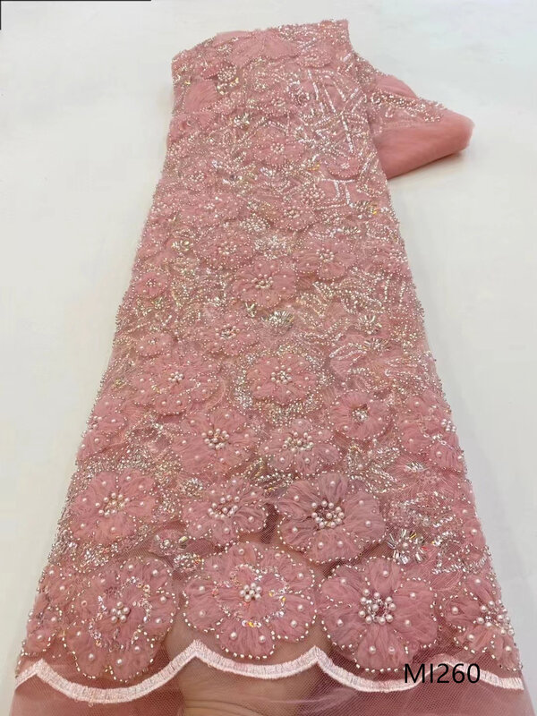 Tela bordada de lentejuelas florales exquisitas, tela bordada de tubo de perlas para vestido de novia, tela bordada de encaje