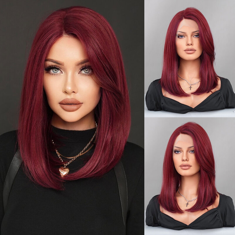 Peruca de cabelo vermelho vinho liso sintético para mulheres, uso do partido, divisão lateral, peruca pré arrancada HD, alta densidade, comprimento do ombro