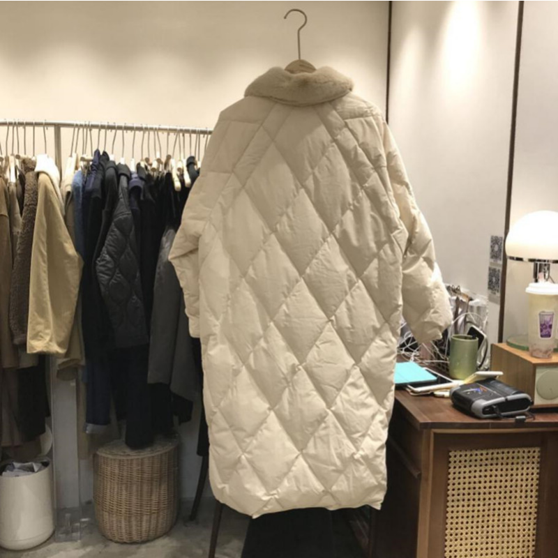 Parka de gran tamaño para Mujer, abrigo largo de algodón con Cuello de piel y patrón de rombos, abrigos gruesos informales, ropa de invierno