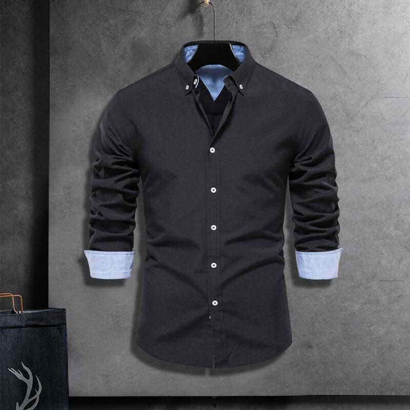Camisa de cardigã suave e respirável masculina com lapela, botões de peito único, comprimento médio, monocromática, casual, outono, primavera