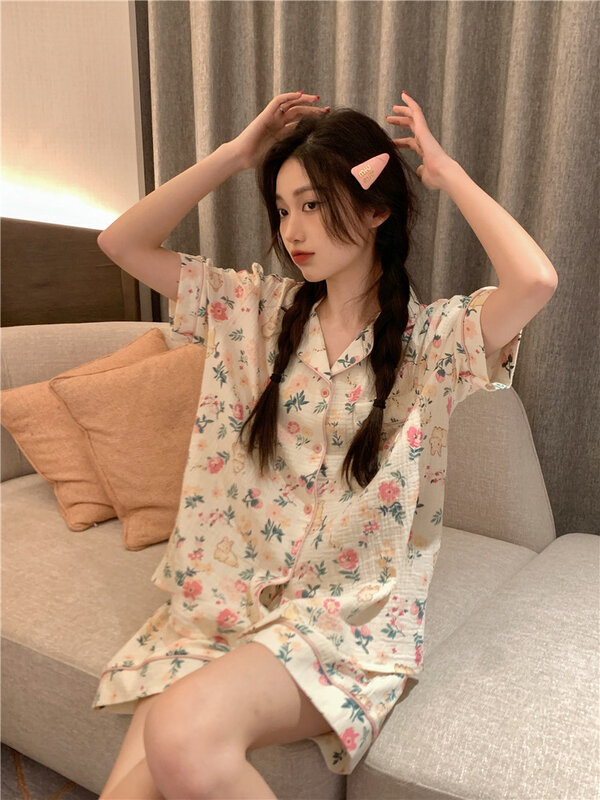Rabbit Flowers Summer Pajamas Set Women Kawaii Single Breasted Shirts + Shorts Two Piece Home Suit Cotton Sleepwear Ins