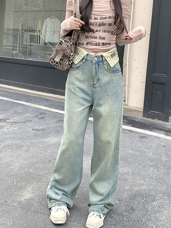 Slergiri Streetwear Vintage mankiety workowate dżinsy dla kobiet 2024 amerykańska moda Y2k wysoka talia luźne spodnie z szerokimi nogawkami na co dzień