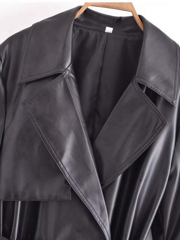 Vintage elegante ecopelle con giacca con cintura cappotto tasche a maniche lunghe prese d'aria laterali capispalla in PU top Chic