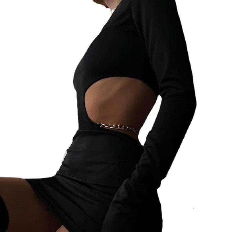 女性のためのセクシーな長袖透かし彫りドレス,メタルチェーン付きウエストドレス,黒,y2k,短いイブニングドレス,パーティードレス,夏,26822