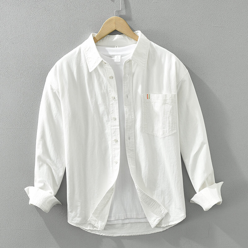Katoenen Casual Witte Overhemden Voor Heren Mode Turn-Down Kraag Shirt Met Lange Mouwen 2024 Nieuw Herenoverhemd