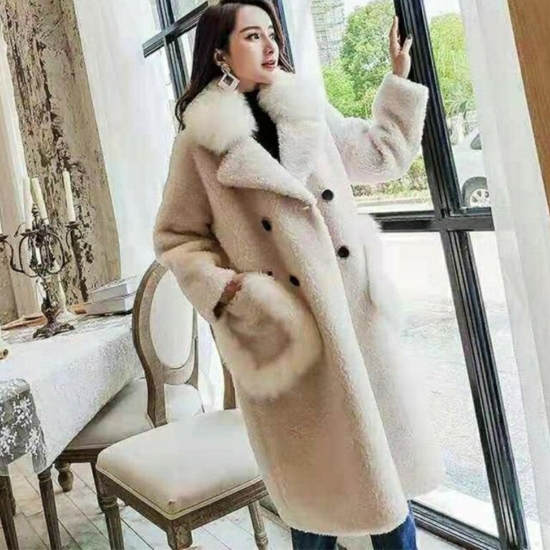 Female White Fur Collar Loose Casual Coat Winter Fashion Warm Imitation Lamb Fur Faux Fur Double Breasted Pocket Women's Coat