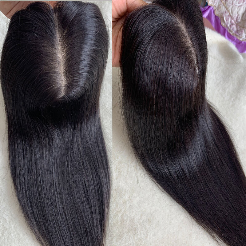 Skóra jedwabna baza ludzki włos Topper z 5 klipsami w jedwabiu Top 100% europejska peruka do włosów dla kobiet grzywny Hairpiece 12X14cm 18X16CM