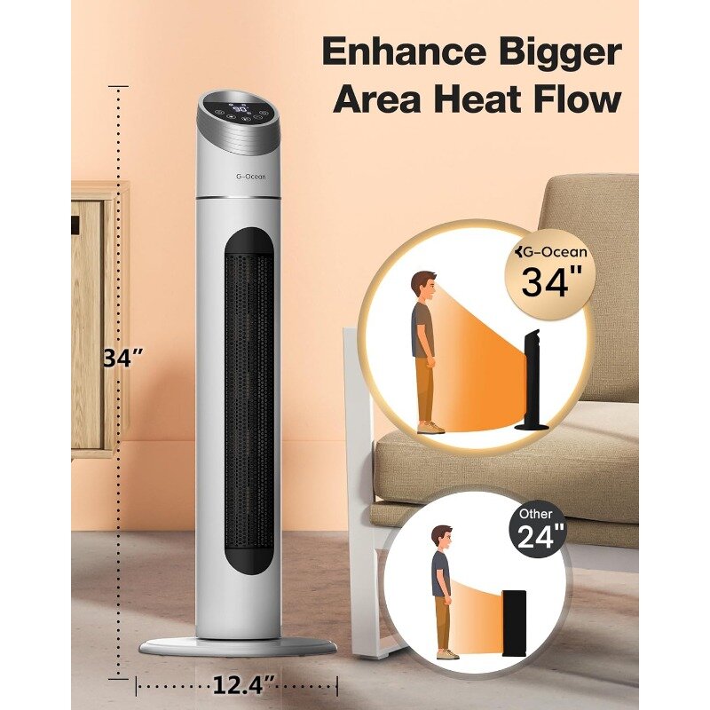 Space Heater for Large Room, 34" Tower Heater 70° Oscillating, Adjustable Thermostat, Overheating & Tip-over Protection
