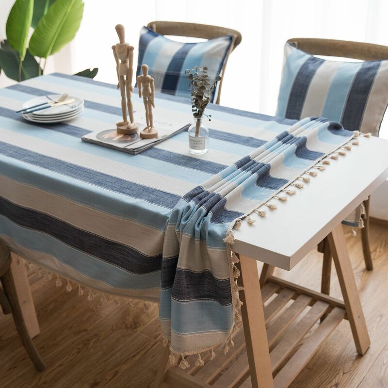 Striped Tassel Tablecloth Stitching Rectangle Cotton Linen Fabric Table Cover for Kitchen Dinning Tabletop Waterproof Party