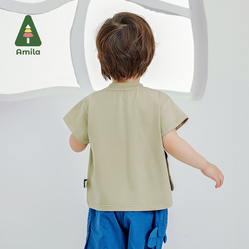 Amila 2024 Летний Новый Топ для мальчиков и девочек Однотонная футболка с коротким рукавом с мультипликационным животным