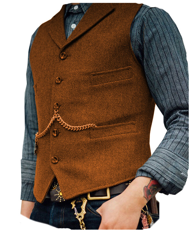 Chaleco de negocios para hombre, chaqueta informal ajustada, Chaleco de traje de boda, Tweed de lana marrón