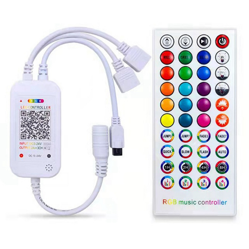 Bluetooth Controlador LED com controlo remoto, 40 teclas, controlo APP, sincronização de música, RGB, IR, RF para 5050, 3528, RGB, DC 5-24V