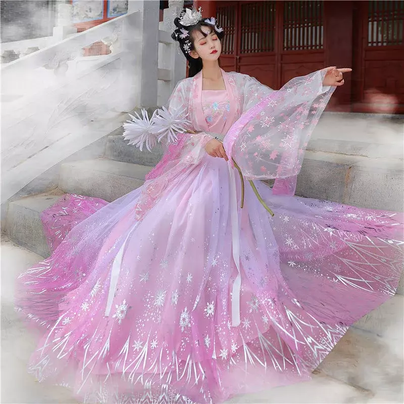 2024 kolęd cekiny z gwiazdek Gradient lśniąca suknia damska zestaw tradycyjny chiński strój bal Hanfu formalny prezent urodzinowy bożonarodzeniowy