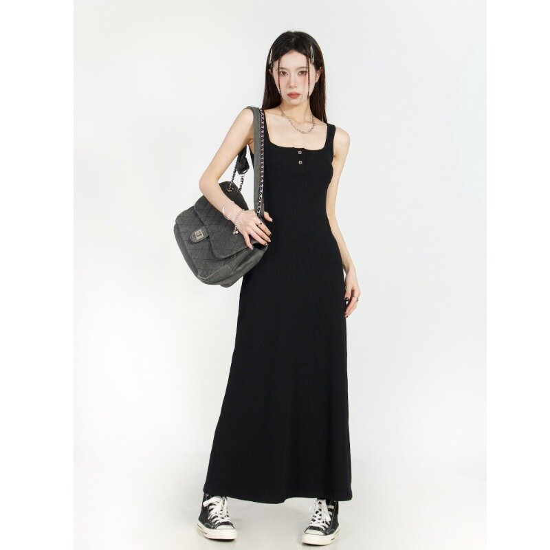 2024 Sommerkleider für Frauen sexy Spaghetti träger schwarz langes Kleid y2k ärmellose solide dünne figur betonte Streetwear Maxi Vestidos