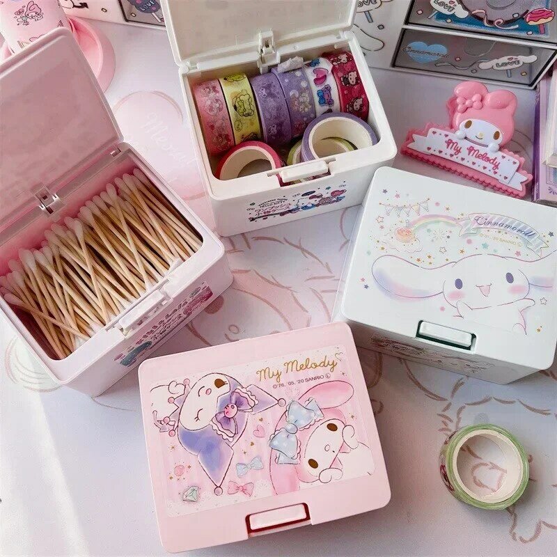 Sanrio-caja de almacenamiento de artículos de escritorio, caja de prensa de Hello Kitty, dibujos animados bonitos, Cinnamonroll, lápiz labial, chica, cosméticos