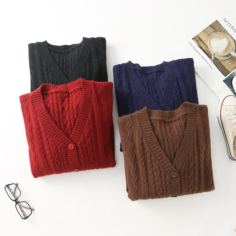 2023 autunno abbigliamento donna Plus Size Cardigan con scollo a v curva sciolto Casual Twist Pattern maglione femminile