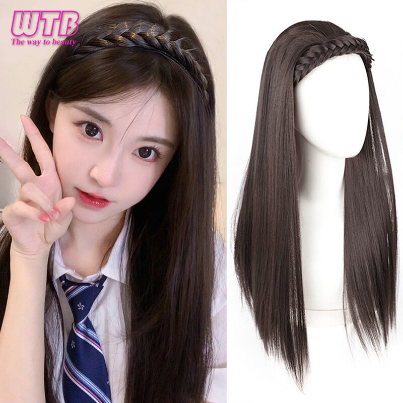 Wig WTB wanita, rambut palsu sintetis kepang panjang perempuan