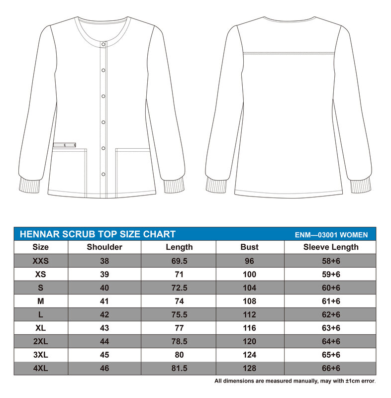 Giacche chirurgiche da donna Hennar, giacche mediche taglia XXS-4XL, Top Scrub giacca in 100% cotone