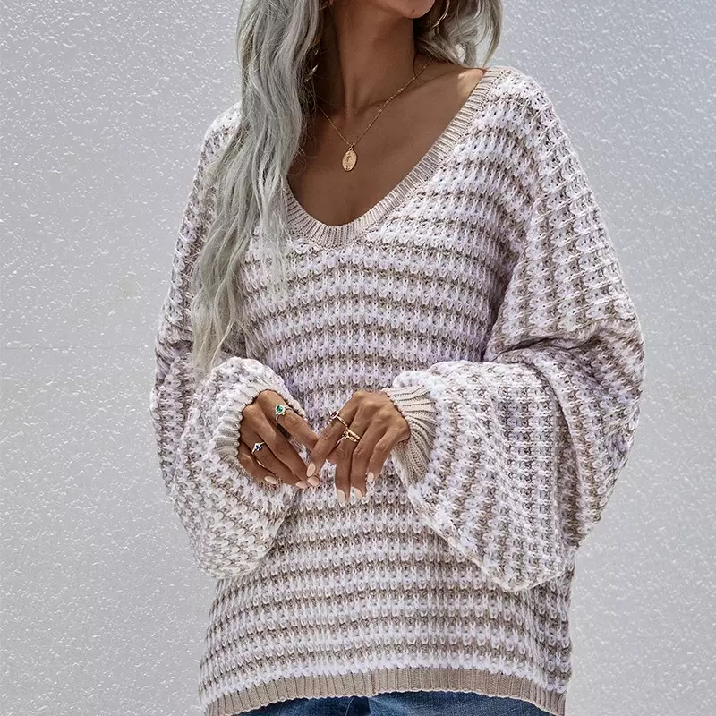 2024 Striped V-Neck Knitted Pullover Womens Puff Sleeve Sweater Elegant Stitching Long-Sleeved Sweaters Female Autumn Winter New