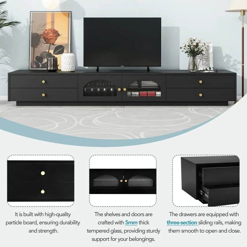 Armário de armazenamento multifuncional com portas de vidro caneladas, TV Stand, Media Console, Entertainment Center for Living Room