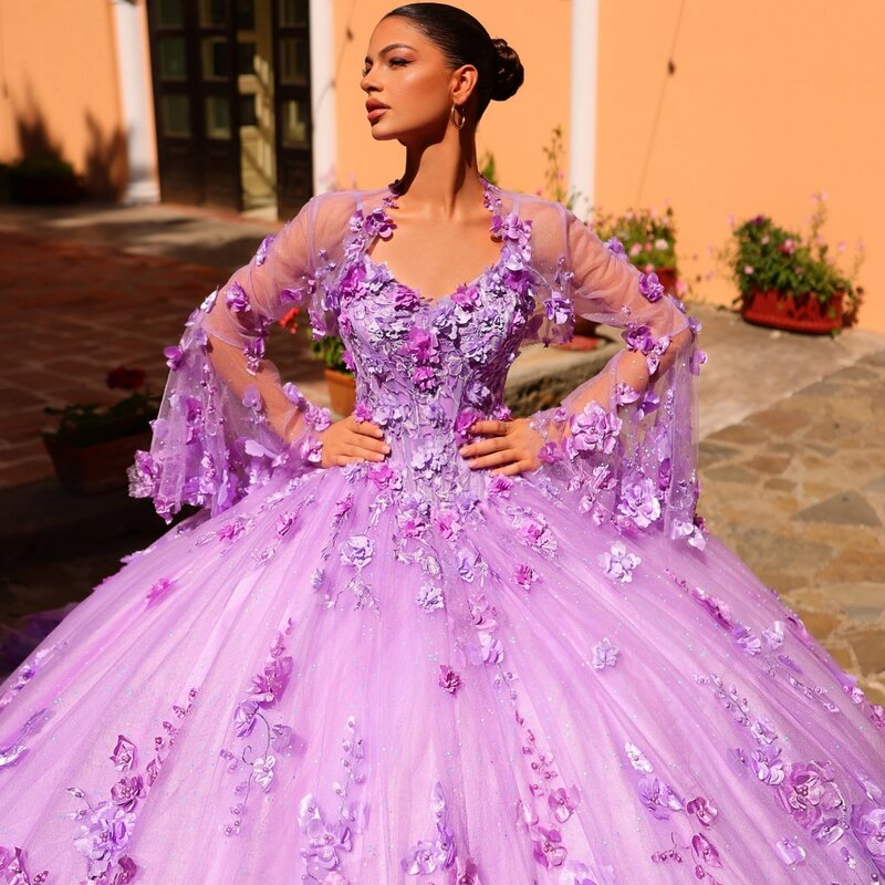 Vestido de baile de quinceañera con lentejuelas y perlas púrpuras, apliques elegantes, Vestidos de fiesta de flores en 3D, Vestido largo de lujo dulce 16