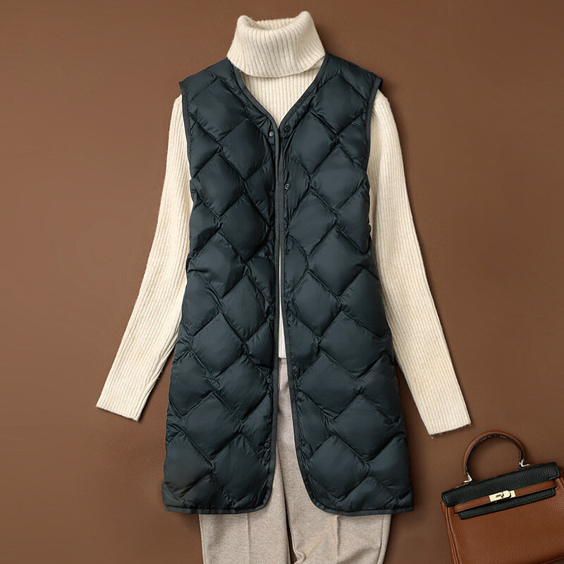 Women Autumn Down Vests 2023 New Ultralight 90% White Duck Down Long Jackets Collarless Puffer Liner Portable Winter Waistcoats