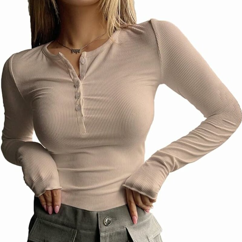 Camiseta feminina de manga comprida slim fit, tops elásticas para senhoras, blusa com decote em v, camiseta casual, feminina