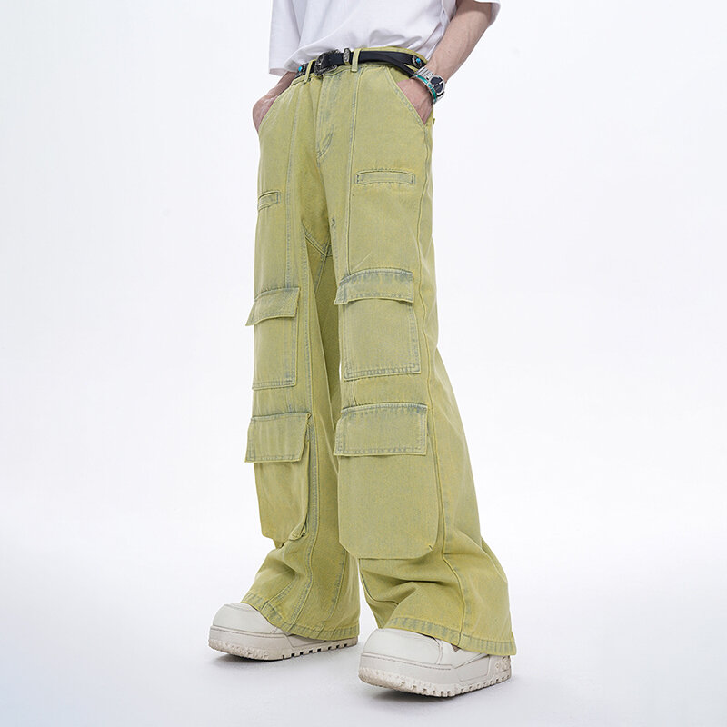 FEWQ-أحادية اللون فضفاضة متعددة الجيوب بنطلون كارجو للرجال ، جينز عالي الشارع ، بنطلون صيفي ، تصميم متخصص ، شخصية رائجة ، جديد ، 24X9096