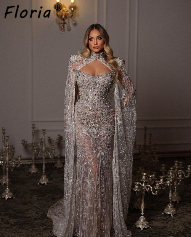 Luxury Dubai Mermaid Wedding Evening Dresses with Cape Pearl Beads Crystal Formal Party Gowns 3D Lace Celebrity Robe De Soiree