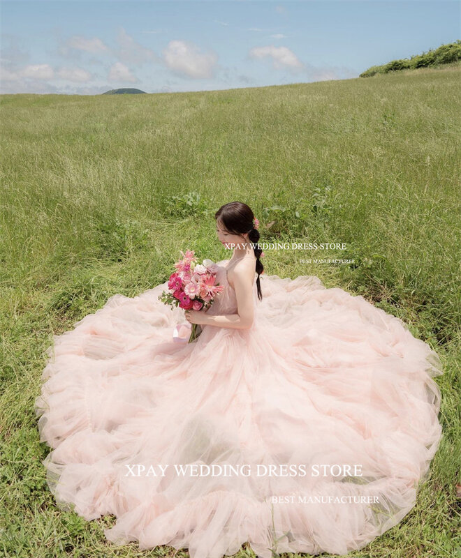 XPAY gaun pernikahan Korea Tulle lembut merah muda Blush putri gaun pesta malam tali Spaghetti lipatan kerutan pemotretan