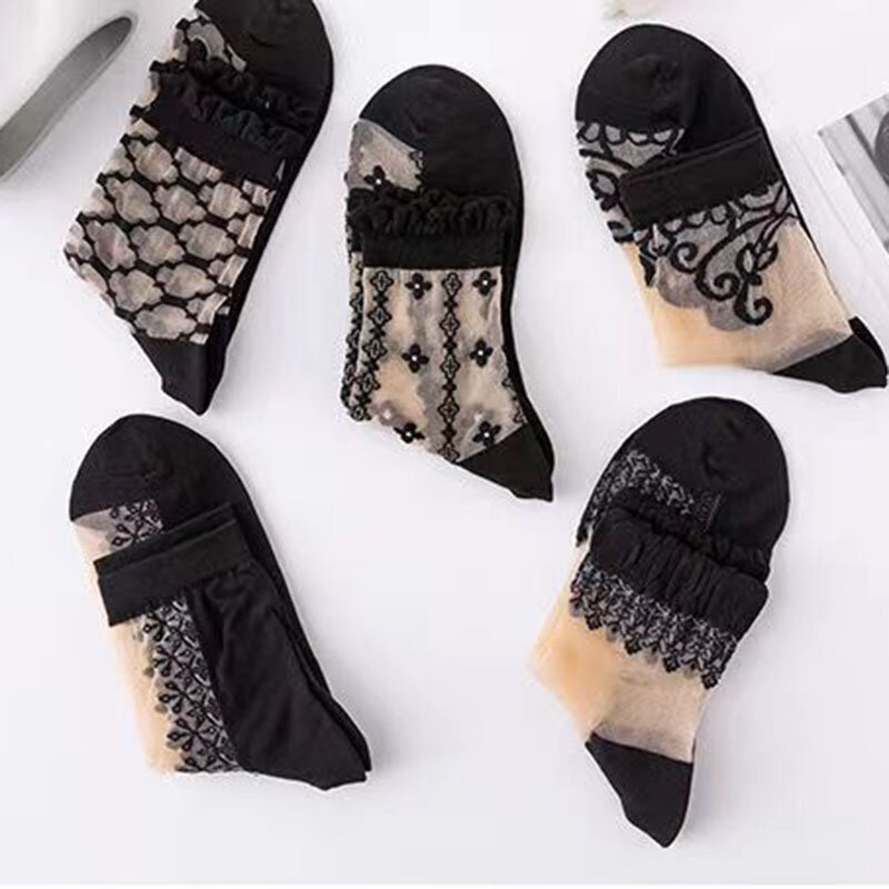 Women Ladies Socks Fashion Sheer Mesh Glass Silk Socks Ultrathin Transparent Crystal Lace Elastic Summer Ankle Socks