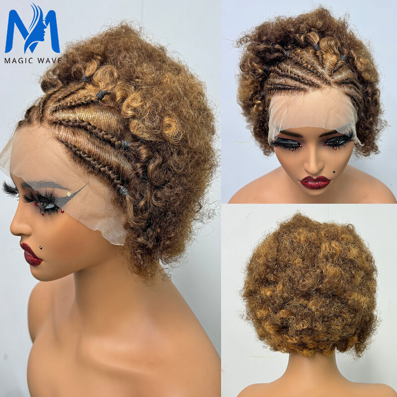Peluca rizada Afro con encaje Frontal 13x4 para mujeres negras, cabello Remy brasileño 100%, peluca rizada hinchable de 6 pulgadas, cabello humano con trenzas
