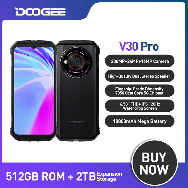 DOOGEE V30 프로 5G 6.58 인치 FHD 32 RAM + 512 ROM 200MP 카메라 치수 7050 120Hz 디스플레이, 10800mAh 와이파이 6 고해상도 듀얼 스테레오 스피커