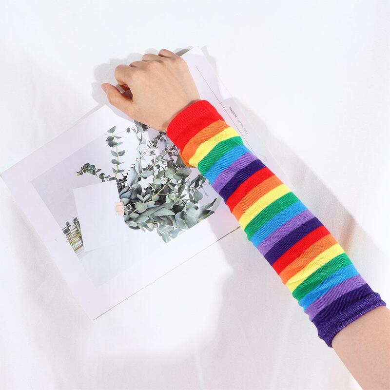 Sweet Girls Hand Sleeve Printing Sun Protective Female Arm Warmers Rainbow Sleeve Cuff Striped Arm Warmers Knitting  Gloves