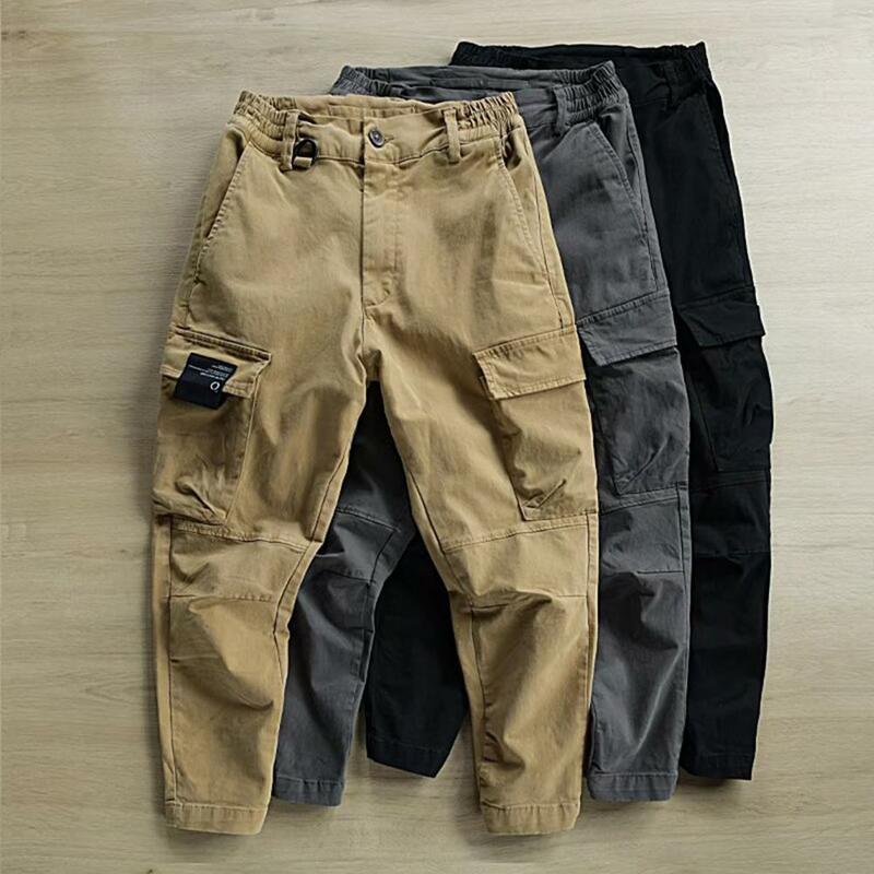 Casual Cargo Pants Breathable Training Slacks Slim Fit Solid Color Multi Pockets Men Fitness Pants  Button Fly