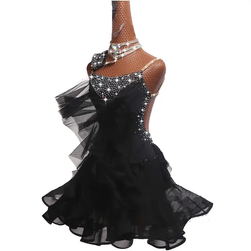 라틴 댄스 원피스 라틴 스커트 대회 공연 의상, 반짝이는 라인석, 맞춤형 아동용 블랙 술 라틴 드레스