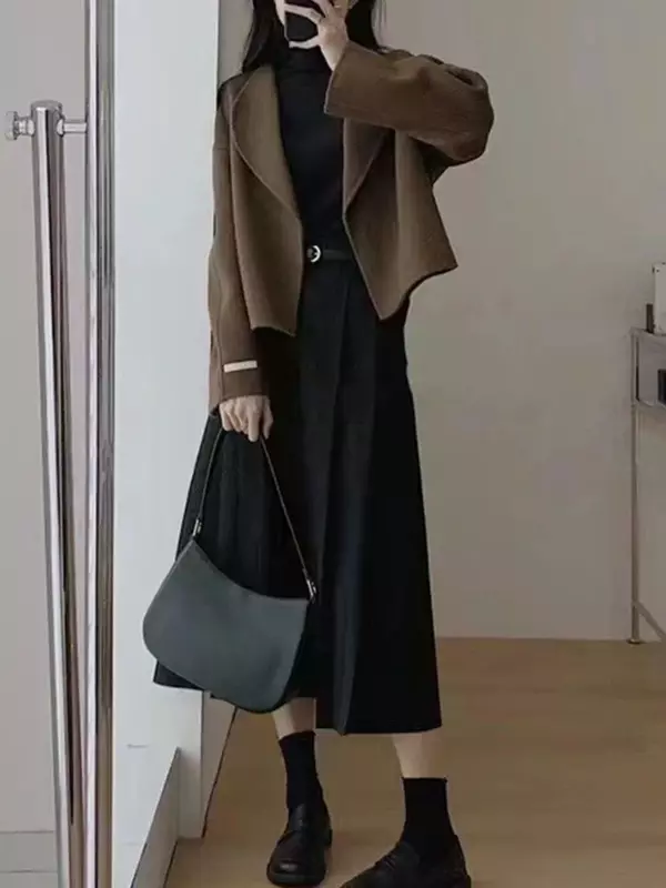 Blends Women Simple Cozy Office Lady Vintage Crop Coat French Style Temper Classic Autumn Streetwear Designed Fashion Creativity