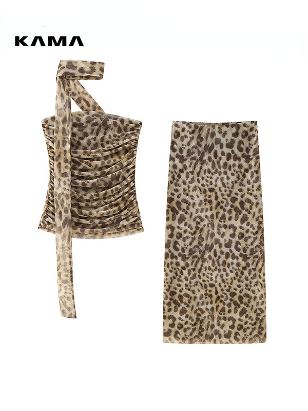 Женский летний комплект из 2 предметов, топ без рукавов с леопардовым принтом и юбка до щиколотки со складками, 2024
